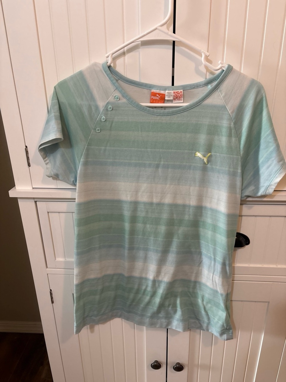 Puma Medium Mint Green Striped Athleisure Activewear Tee Sporty Chic Golfcore